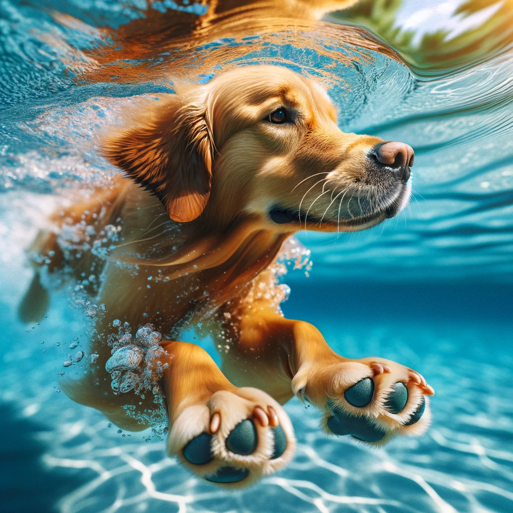 Golden Retriever swimming showing his webbed feet